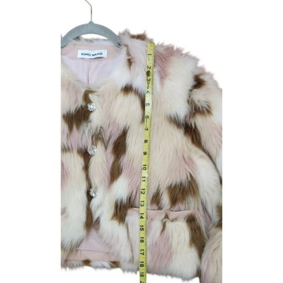 NIMO WANG Faux Fur Jacket Multicolor Pink Brown White |Boho Statement Outerwear - Picture 10 of 13